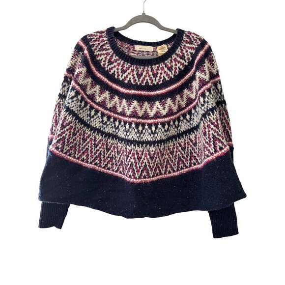Anthropologie Sleeping On Snow Midland Fair Isle Sweater Poncho Blue XS/S Wool - Picture 2 of 14